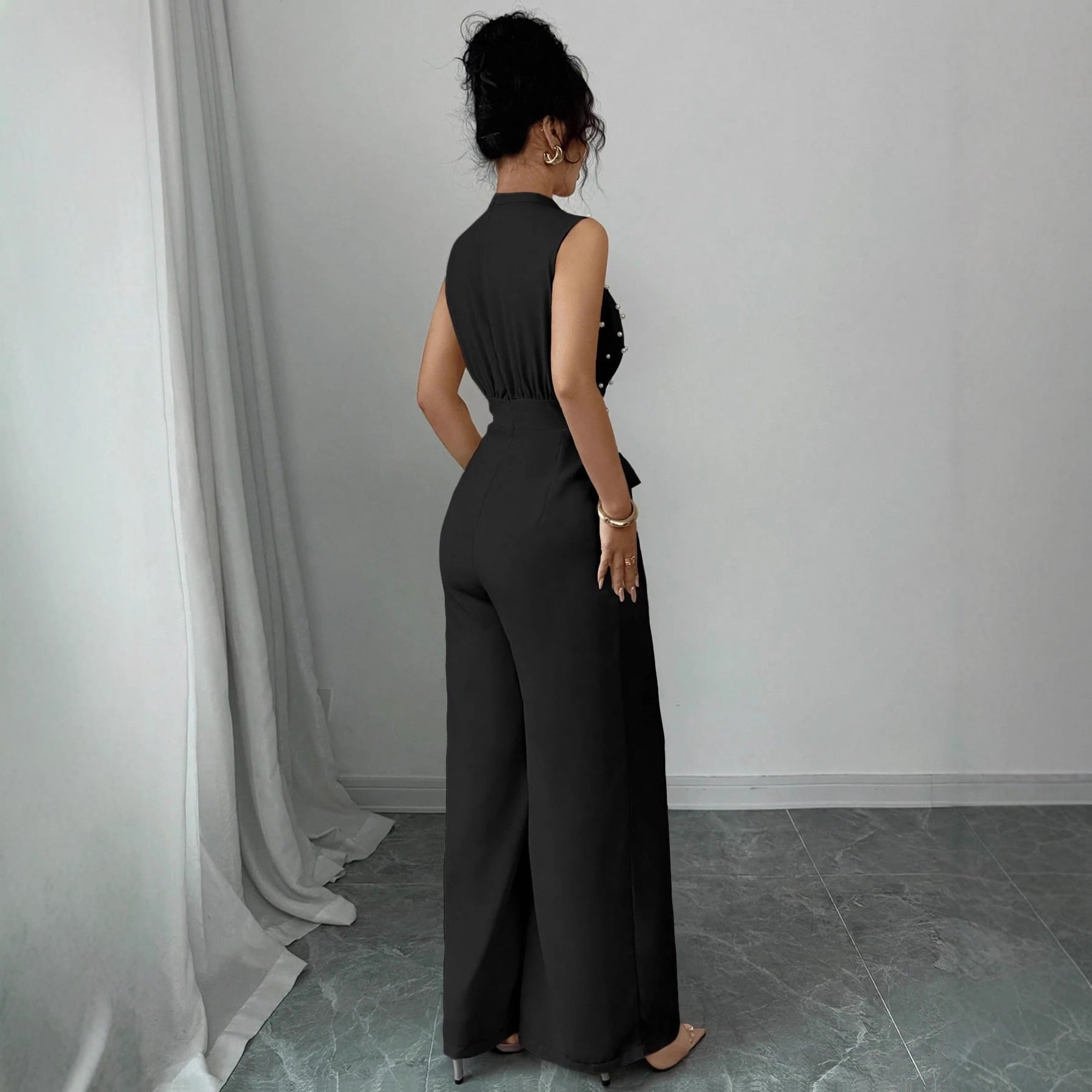Black Polka Dot Sleeveless Wide-leg Jumpsuit With Round Neck
