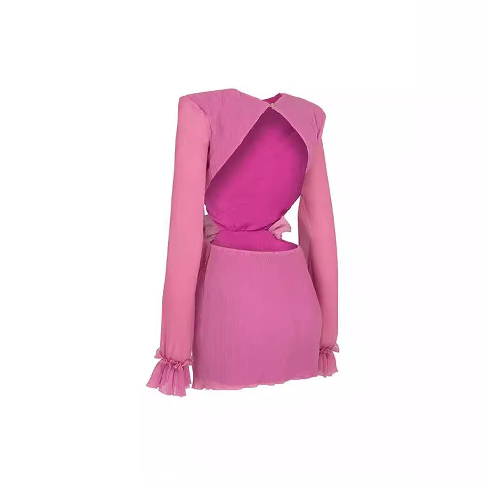 Women's Backless Long Sleeves Bandage Floral Dress Slim Fit Skirt