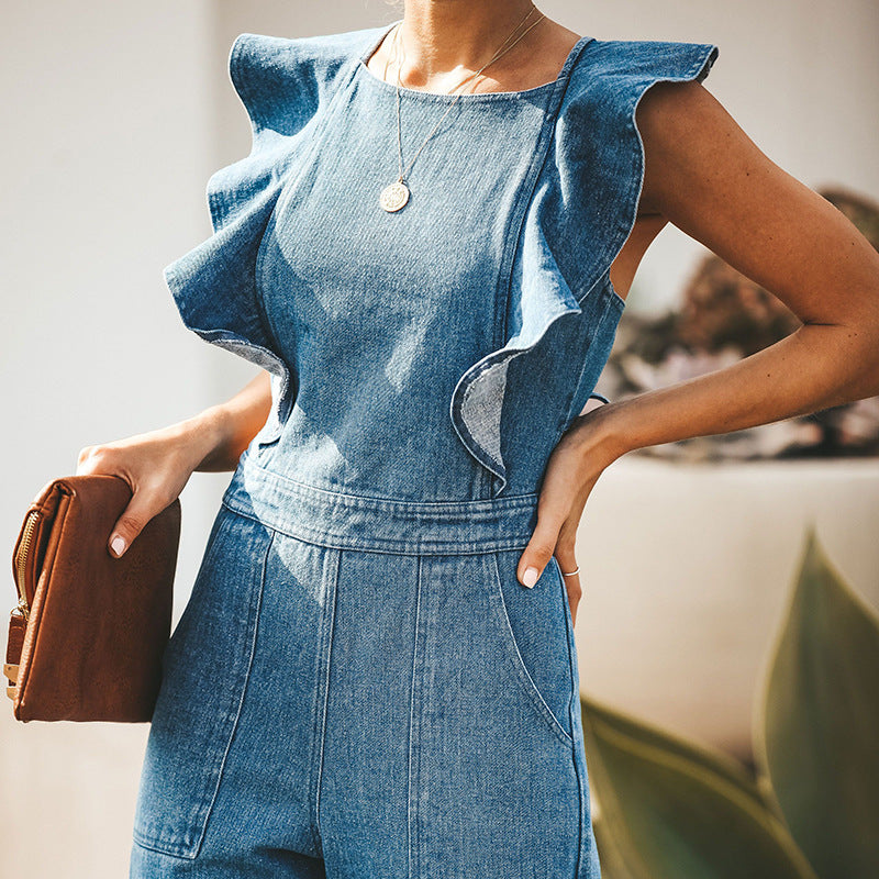 Women's lace-up ruffled denim one-piece suit