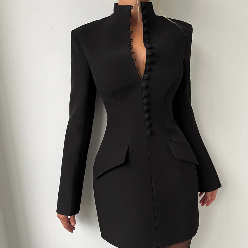 Women's Slim Waist Long Sleeve Stand Collar Dress