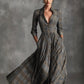 Retro V-neck Gray Plaid Linen Flared Maxi Skirt