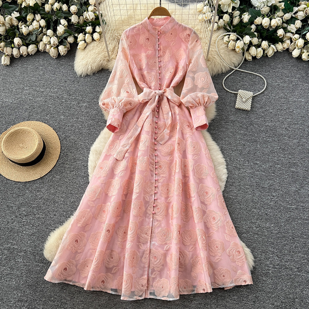 French Romantic Style Stand Collar Lantern Sleeve Heavy Embroidery Dress