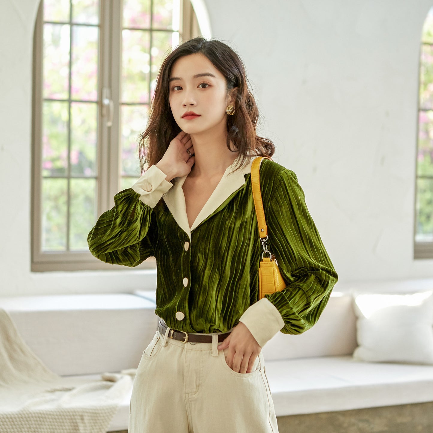 Lantern Sleeve Retro Suit Collar Dark Green Loose Casual Shirt