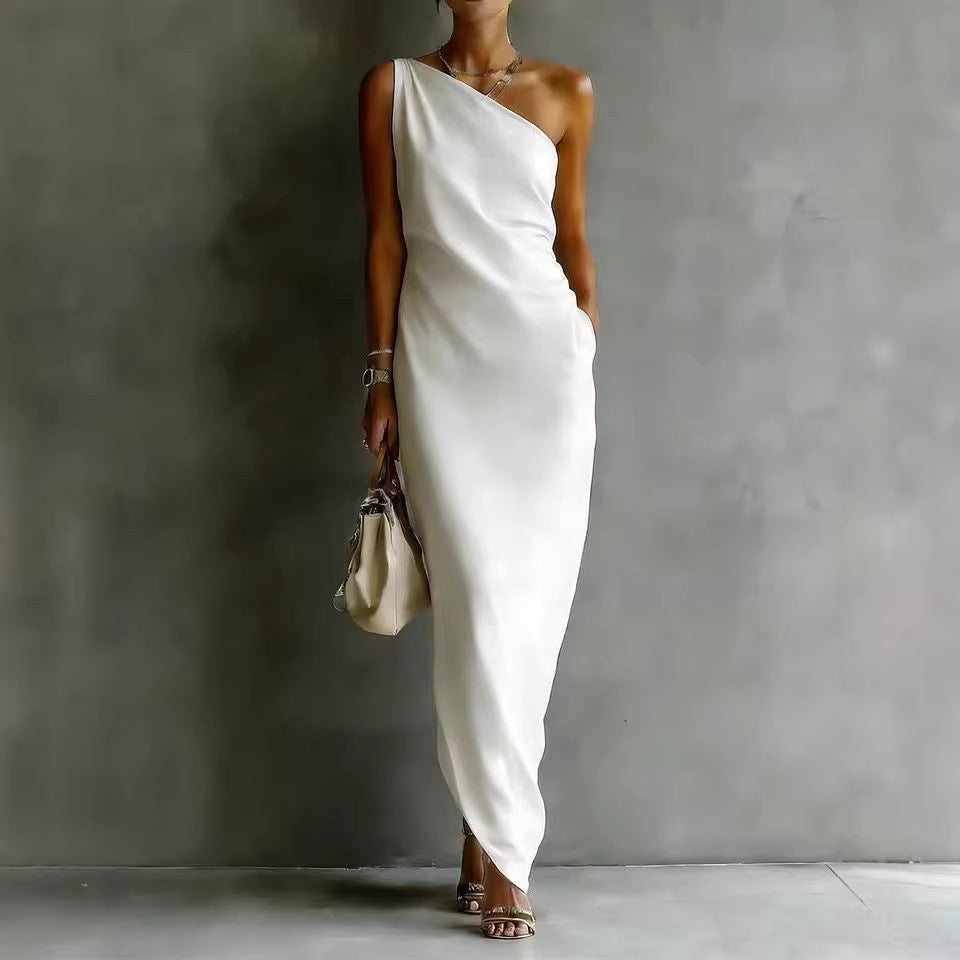 Elegant Satin Off-shoulder Draping Slim-fit Maxi Dress