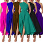 Womens Sleeveless Slash-Neck Solid Color Waist-Cinching Dress