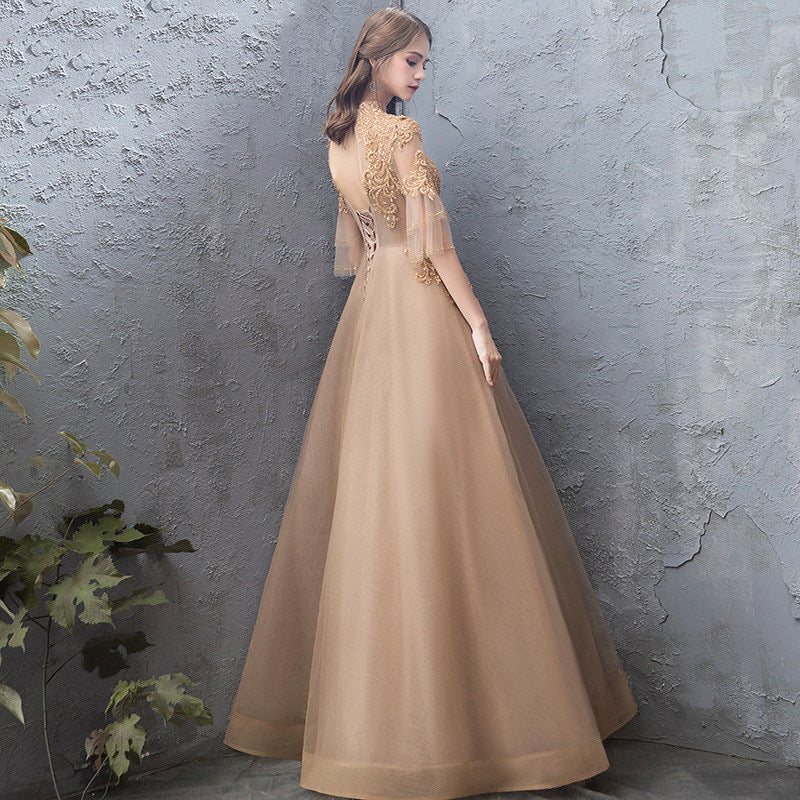 Robe de soirée de banquet pour femme, col montant doré, robe de fête annuelle, jupe