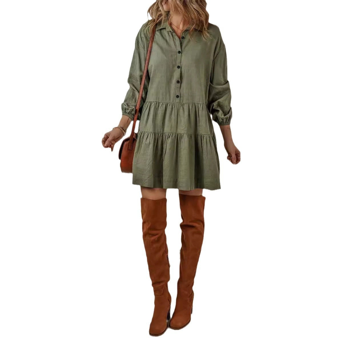 Robe à manches longues et coutures tendance pour femme, couleur unie