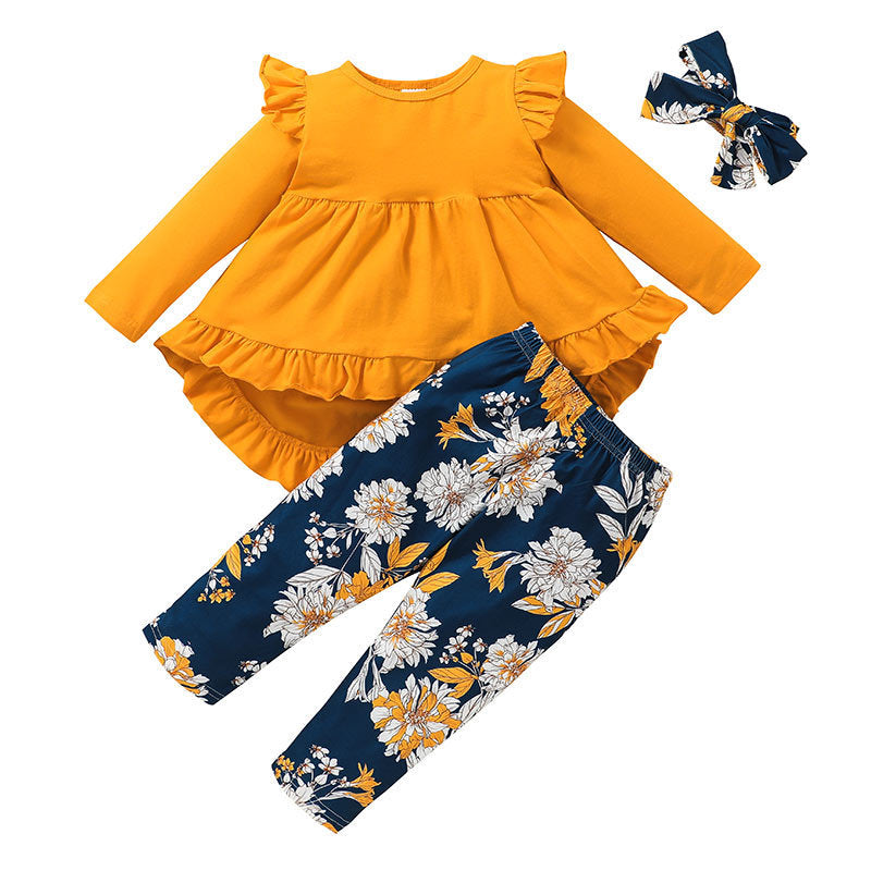 Girls' Lotus Leaf Lace Skirt And Trousers Suit