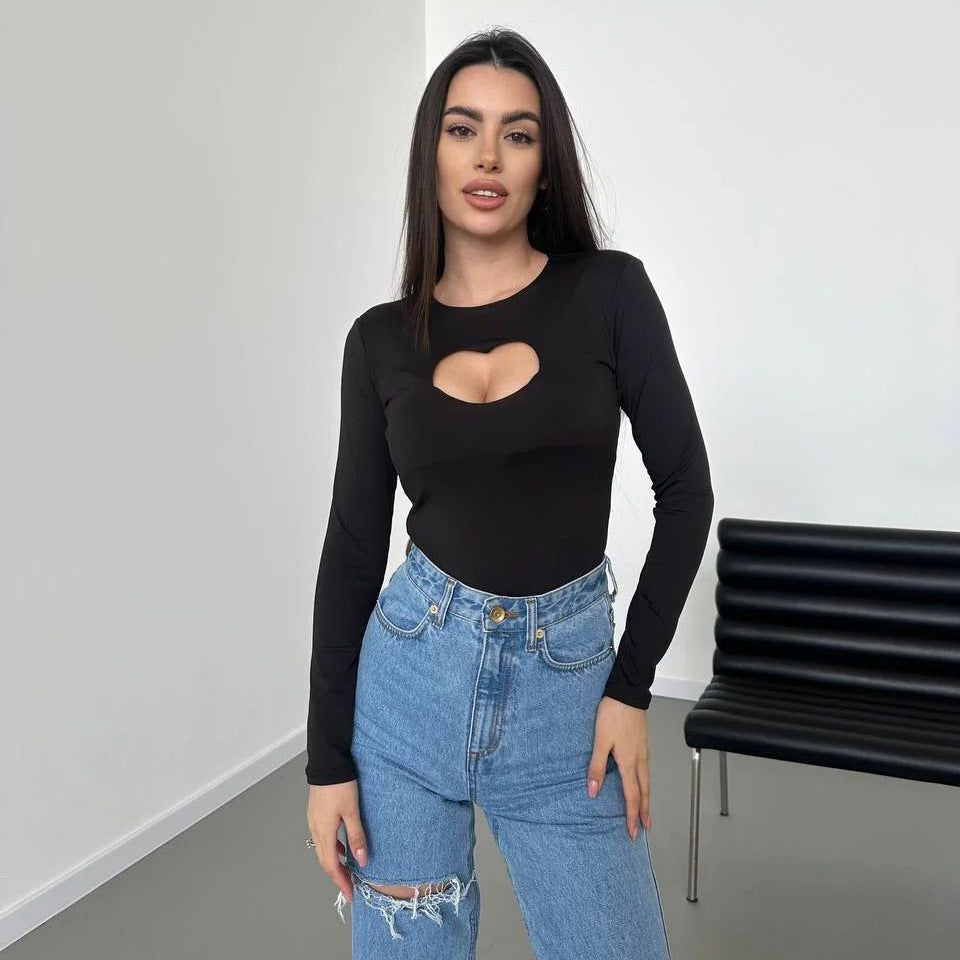 Hollowed Heart Shape See-through Round Neck T-shirt