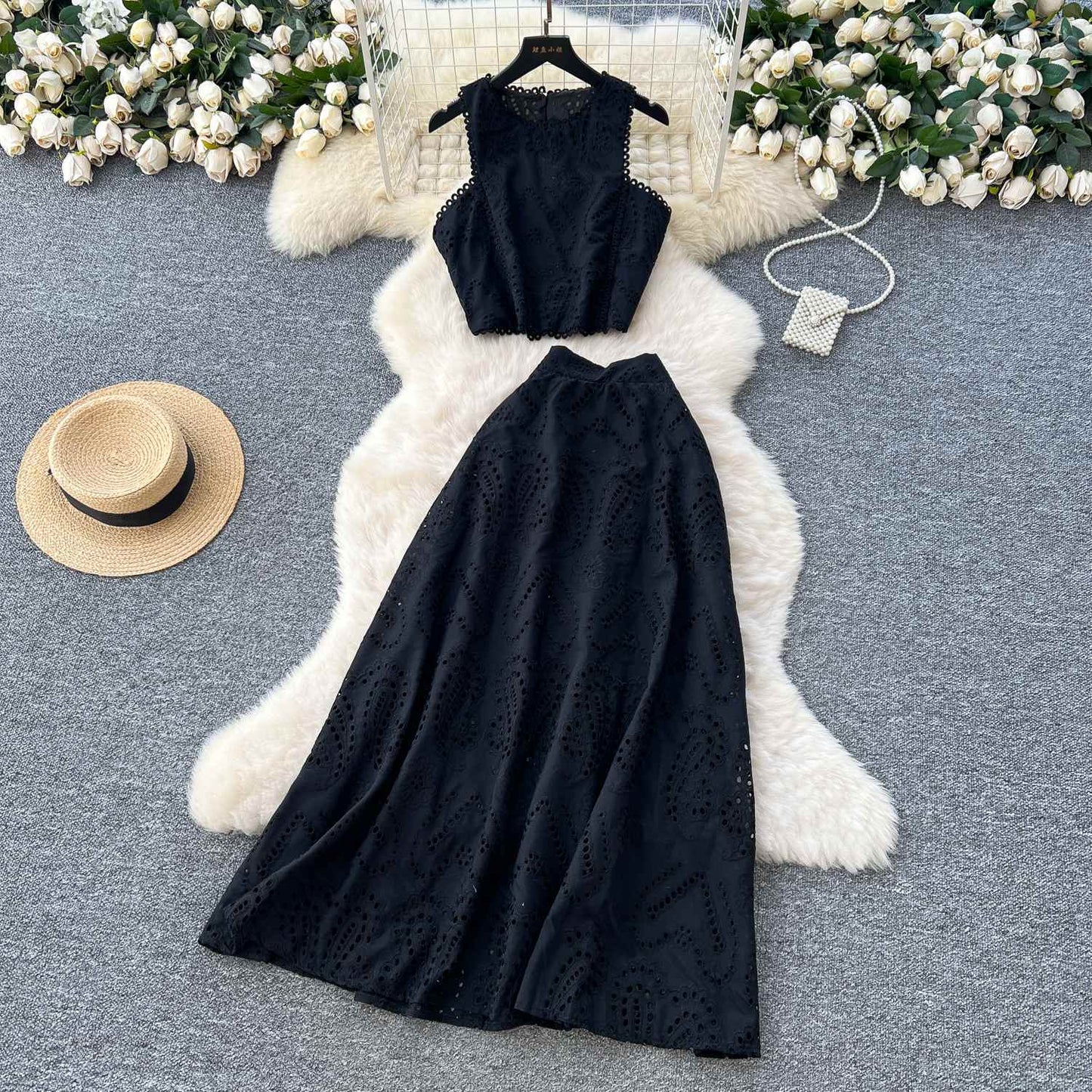 Hollow-out Crocheted Sleeveless Vest Top High Waist Skirt Suit