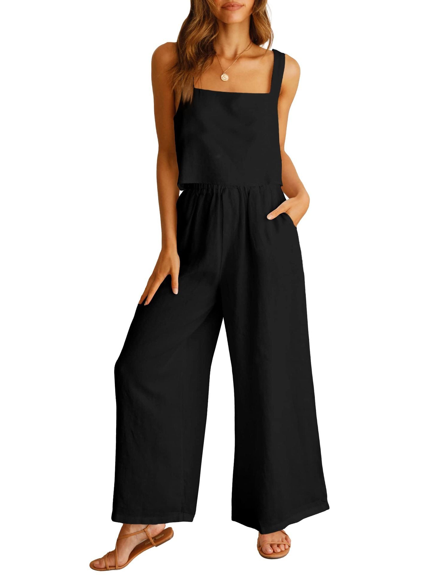 Ensemble décontracté sans manches, caraco, pantalon large