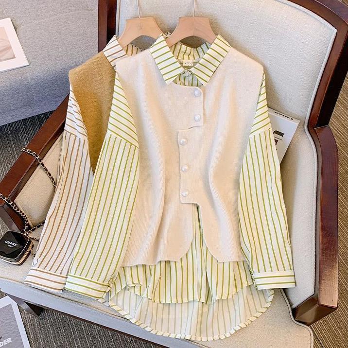 Shirt-vest Faux Two-piece Set That Flatters Curvy Figures And Subtly Covers The Tummy