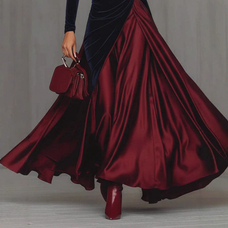 Womens Velvet Patchwork Color-Block Turtleneck Gown
