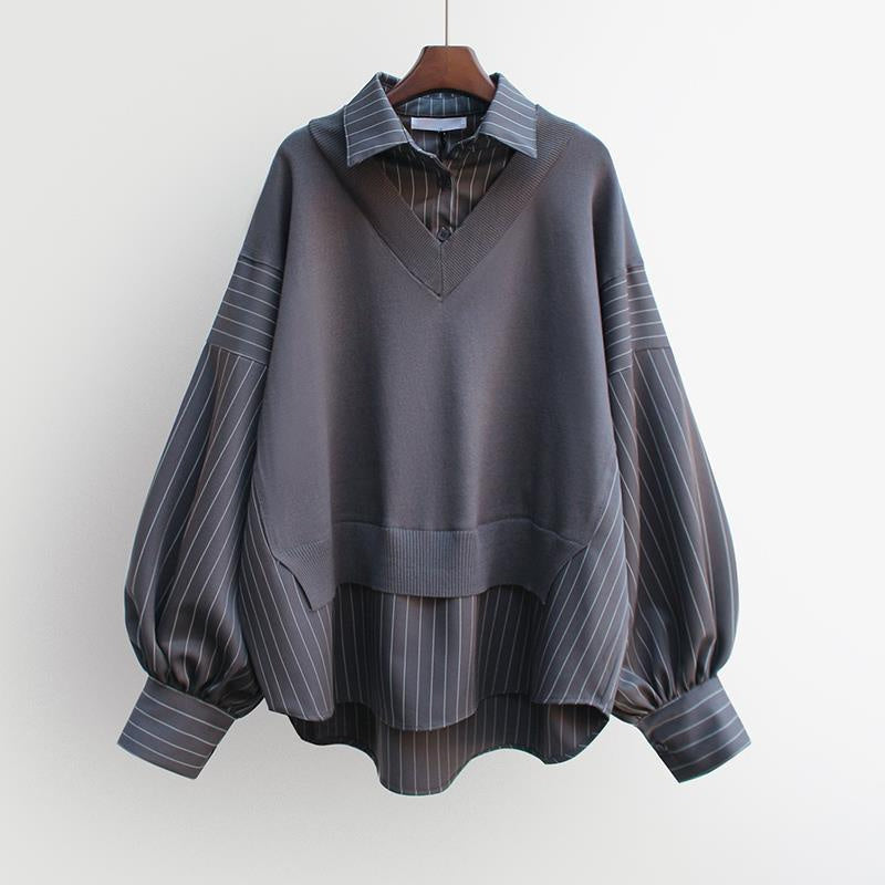 Women's Mid-length Loose Striped Fake Two-piece Shirt