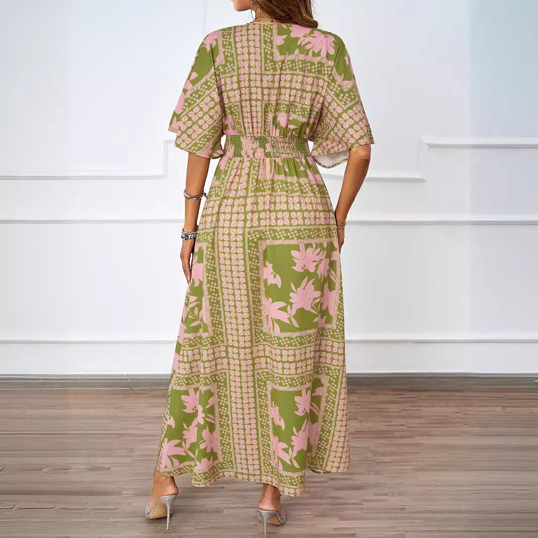 Sexy V-Neck Short-Sleeve Printed Waist-Cinching Dress