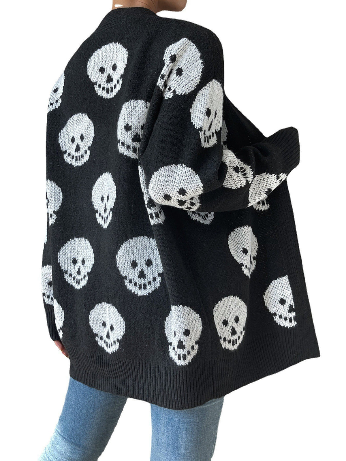Cardigan à manches longues en tricot jacquard à motif tête de mort pour femme, style décontracté, Halloween