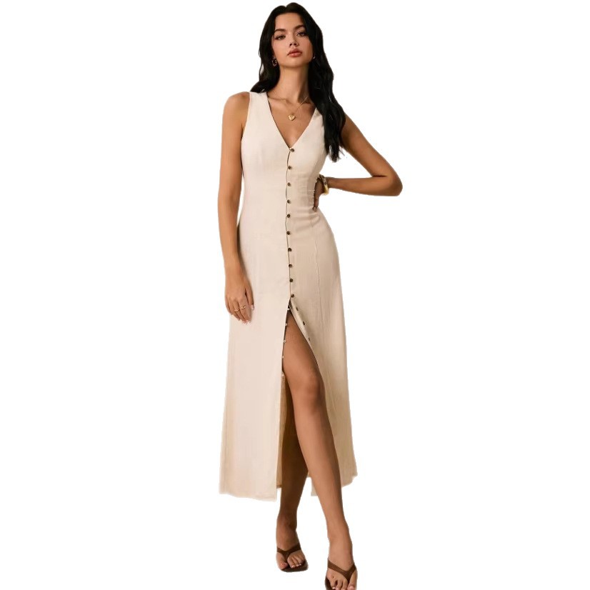 Fashionable Solid-Colored Multi-Button Sleeveless Long All-Match Dress