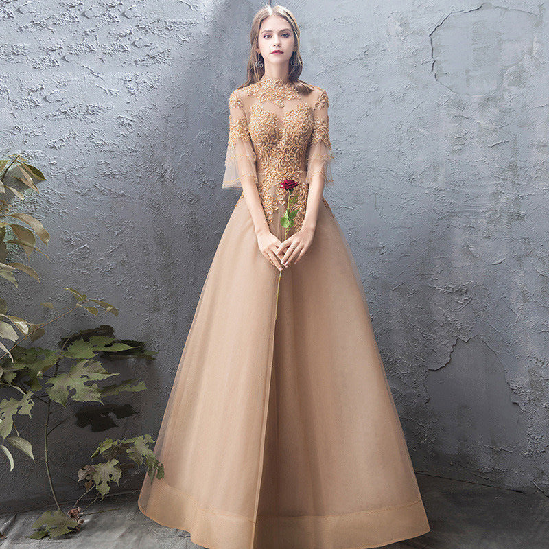 Robe de soirée de banquet pour femme, col montant doré, robe de fête annuelle, jupe