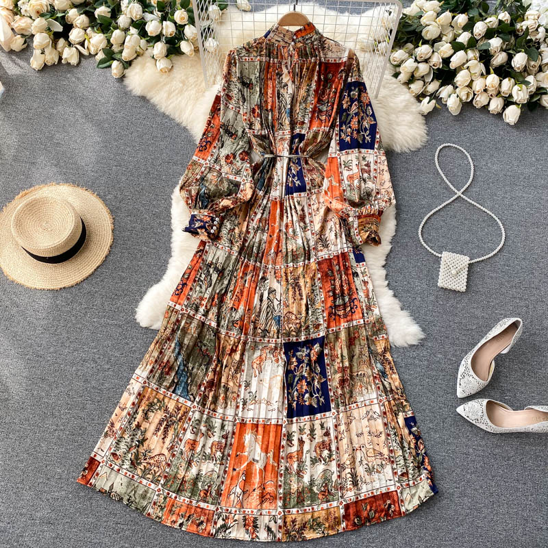 Temperament Slim Long Heavy-duty Pleated Design Print Holiday Skirt