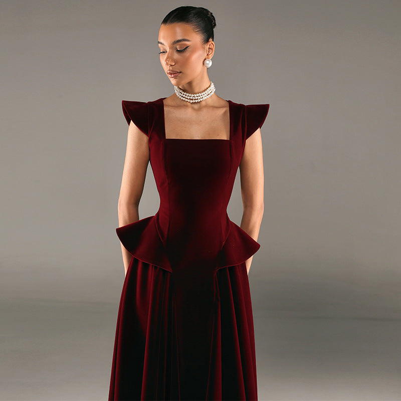 Womens Sexy Square-Neck Slim-Fit Midi Dress