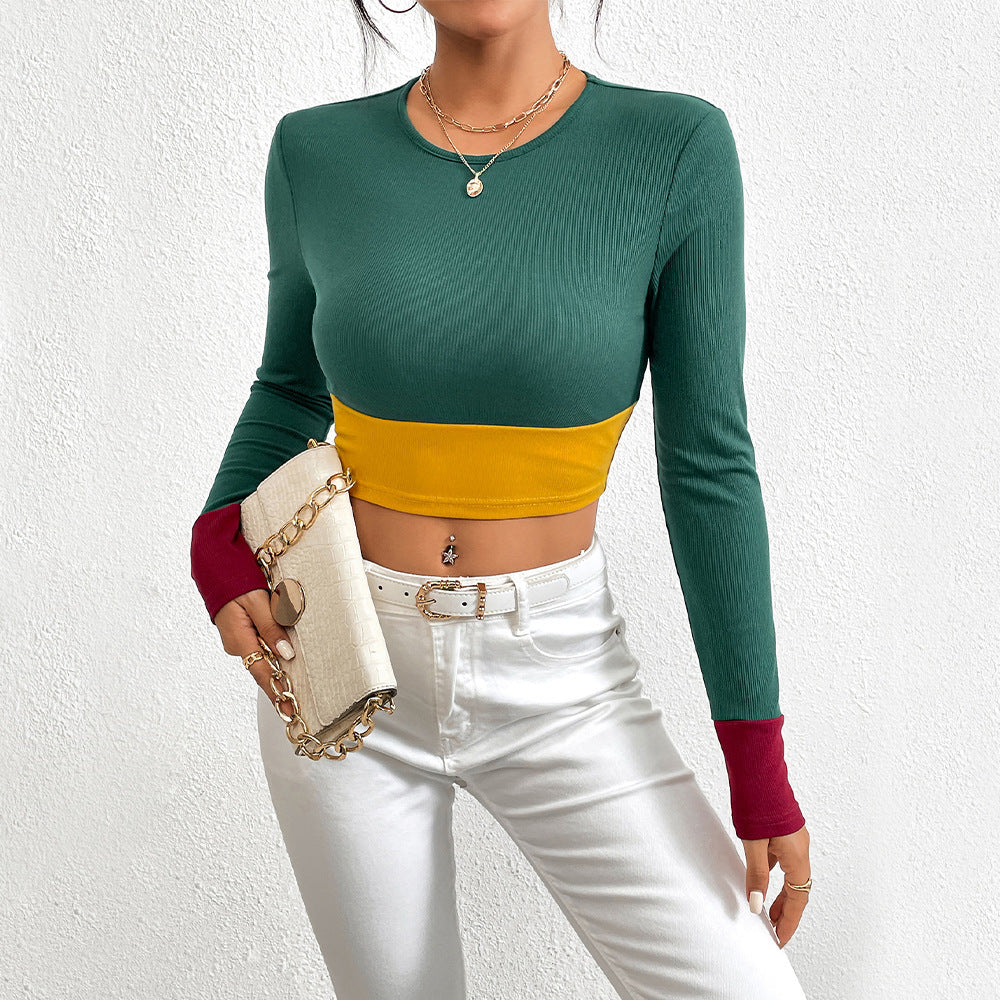 Slim Fit O-neck Short Stitching Long Sleeve T-shirt
