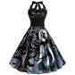 Robe d'Halloween imprimée tête de mort et toile d'araignée pour femme, jupe taille haute à bretelles