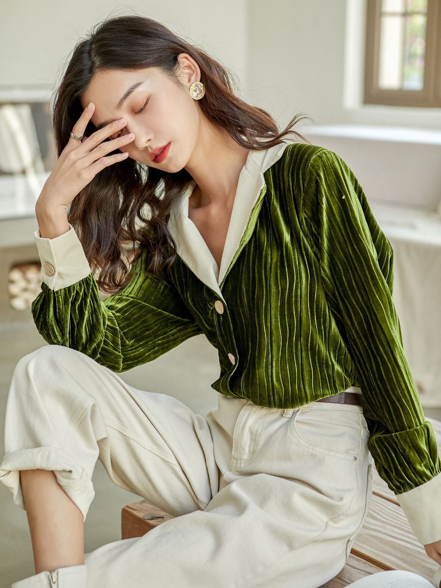Lantern Sleeve Retro Suit Collar Dark Green Loose Casual Shirt