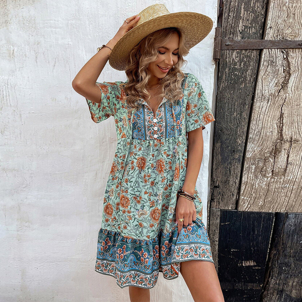Robe de vacances bohème décontractée et ample à col en V et à petites fleurs, style européen et américain