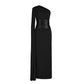 Womens Asymmetrical Black Waist-Cinching Sleeveless Dress With A Slant Neckline