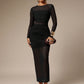 Womens Solid-Color Crew-Neck Mesh-Patchwork Bodycon Midi Skirt
