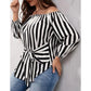 European And American Black And White Striped Fashion Off-shoulder Shirt