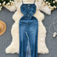 Hong Kong Style Retro Denim Skirt Design Sense Frayed Hem Split