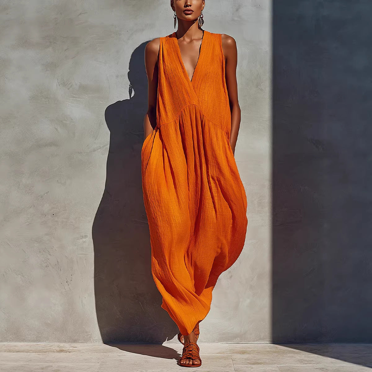 Summer Solid-Color V-Neck Resort-Style Womens Dress