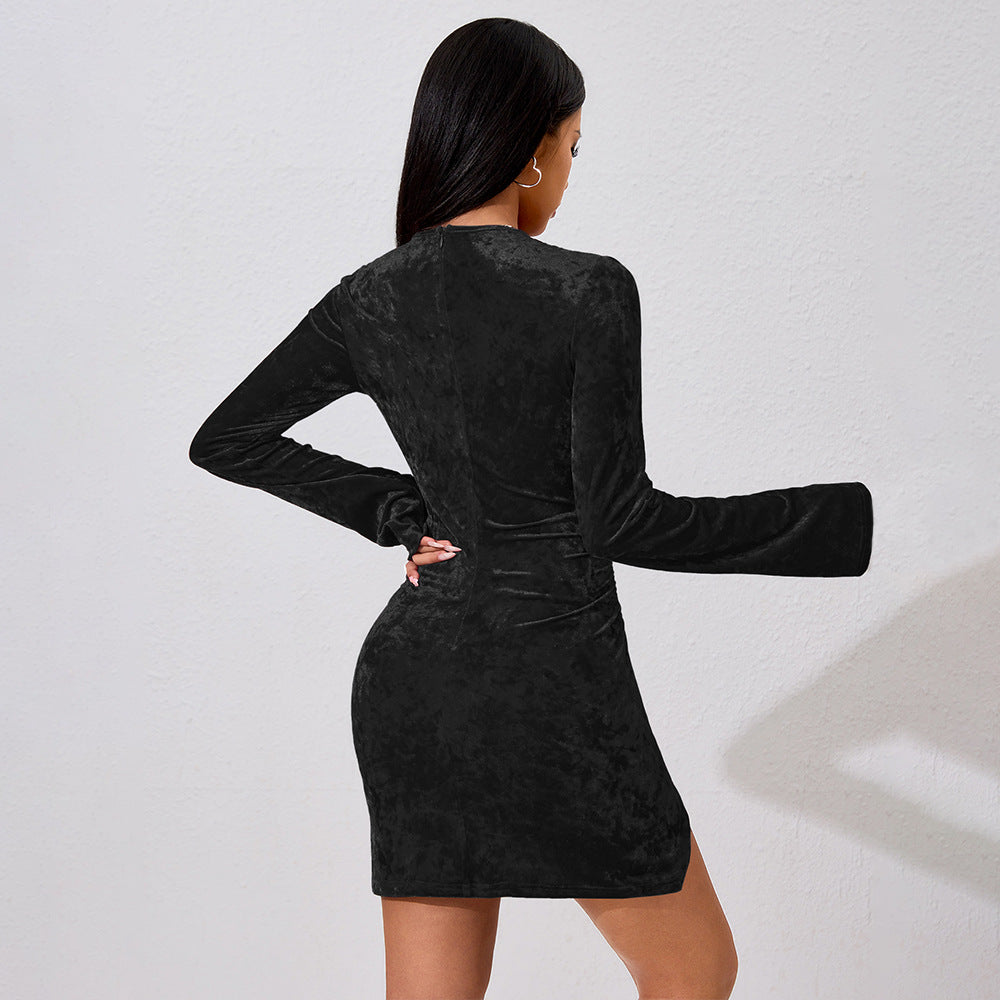 Female Solid Color Flared Sleeve Pleated Waist Bag Hip Dress