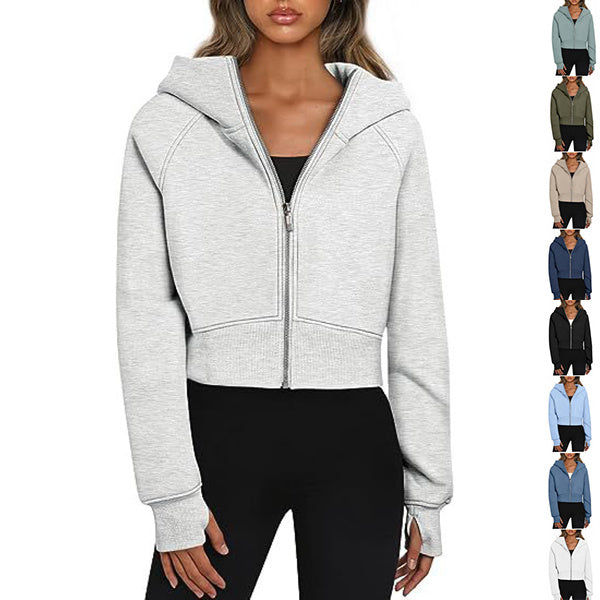 Sweat-shirt à capuche zippé décontracté en polaire, cardigan de sport tendance, hauts courts, vêtements pour femmes