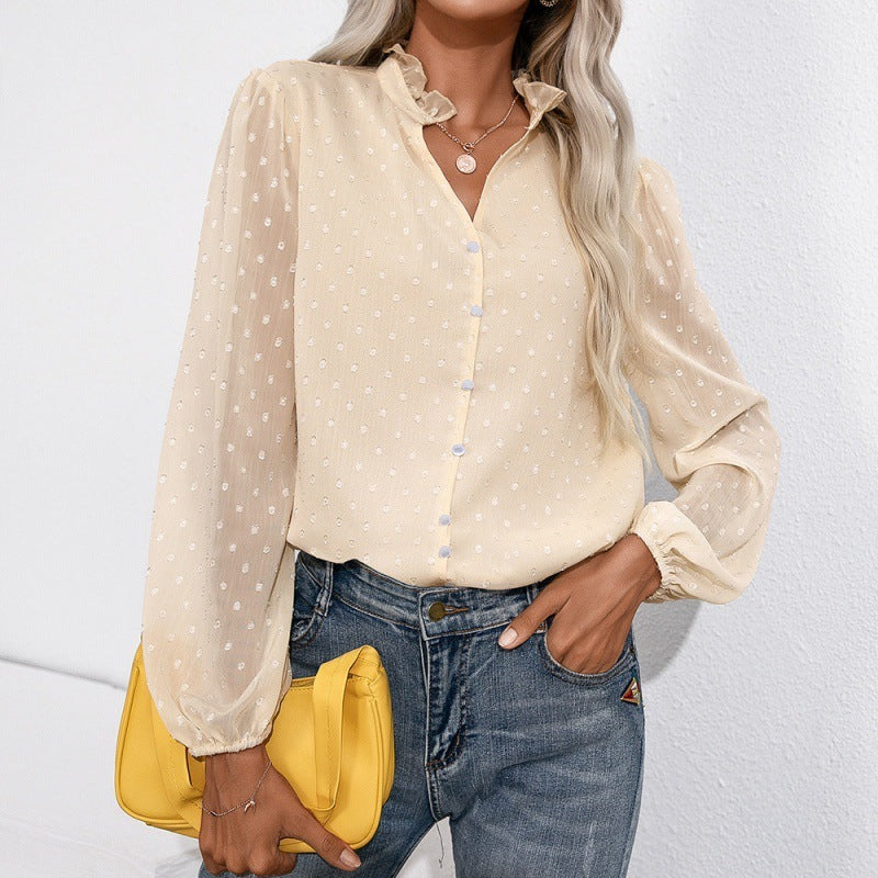 V-neck Solid Color Jacquard Polka-dot Long-sleeved Shirt With Wood Ears