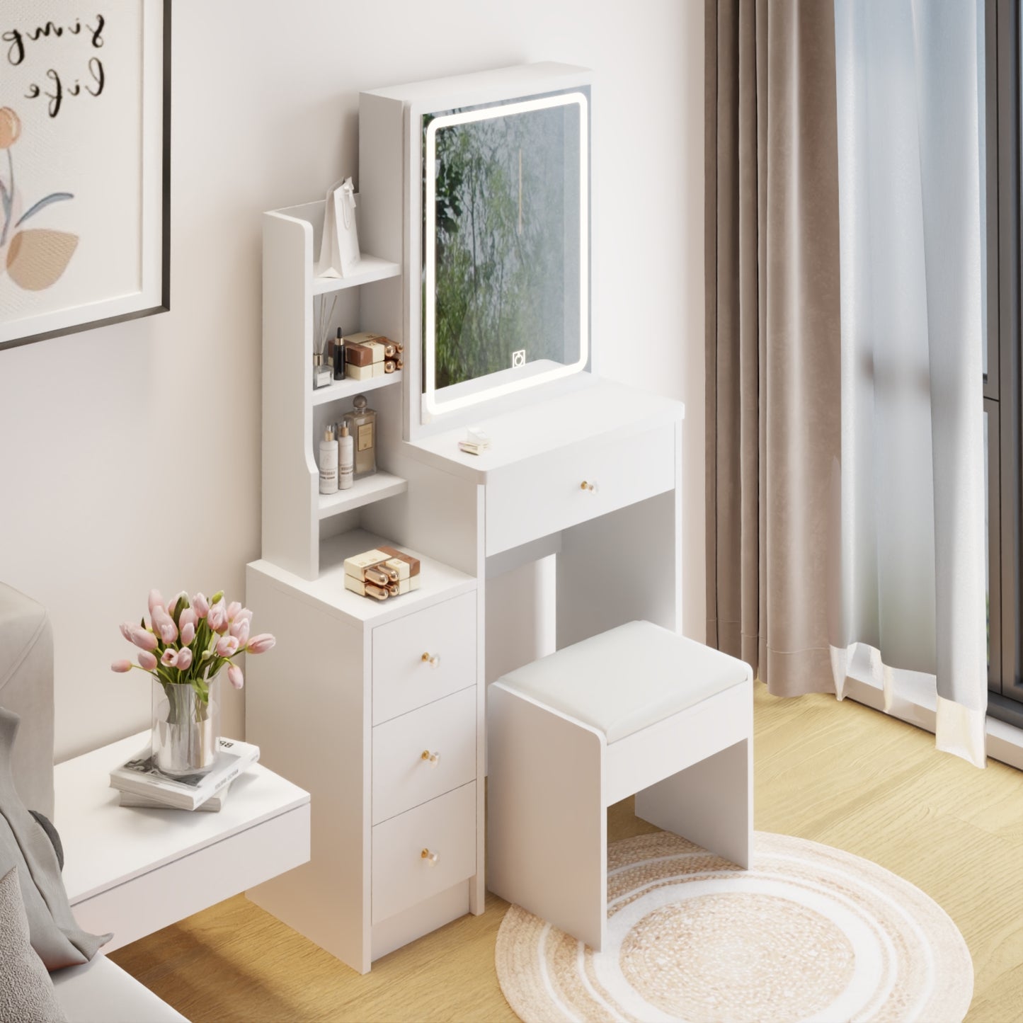 Small Size Left Bedside Cabinet Vanity Table   Cushioned Stool, Extra Large Touch Control Sliding LE