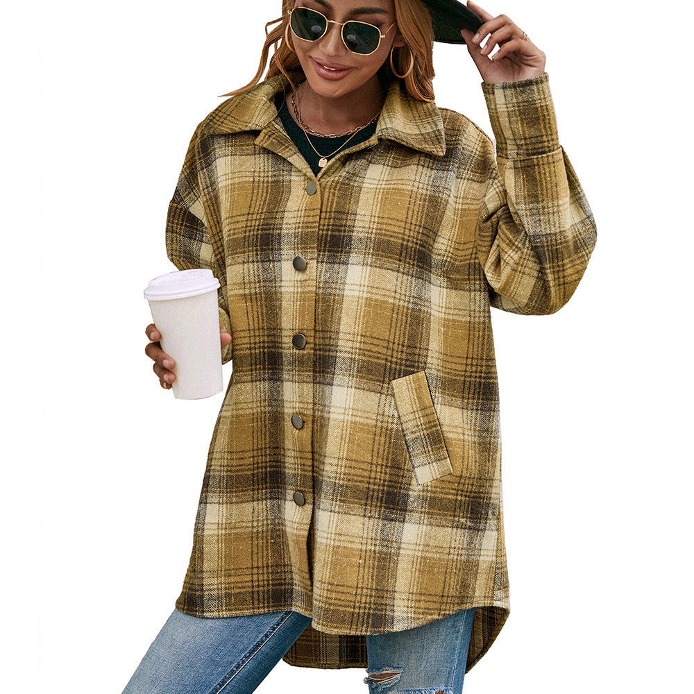 Single Breasted Plush Check Shirt Jacket Top Ladies