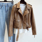 Slim Slimming Snake Print Biker Jacket Brown Jacket