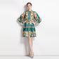 New Vintage Print Lapel Fashion Lantern Sleeve High Waist A- Line Skirt