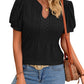 Solid Color V-neck Puff Short-sleeved T-shirt Fashion Summer Striped Hollow Design Loose T-shirt For Womens Clothing