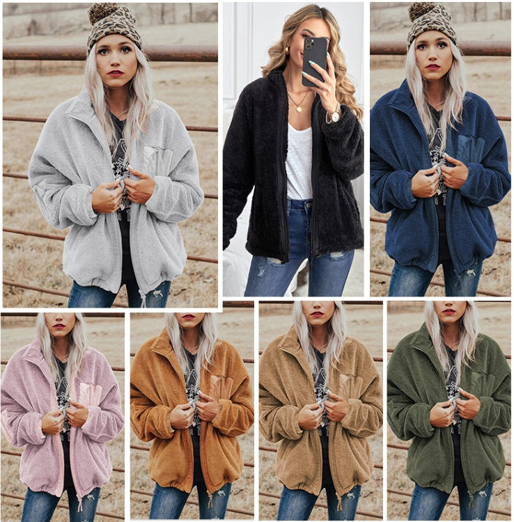 Fashion Women's Zipper Loose Thick Woolen Coat