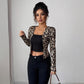 Leopard Print Contrast Color Cardigan T-shirt Long-sleeved Women Blouse