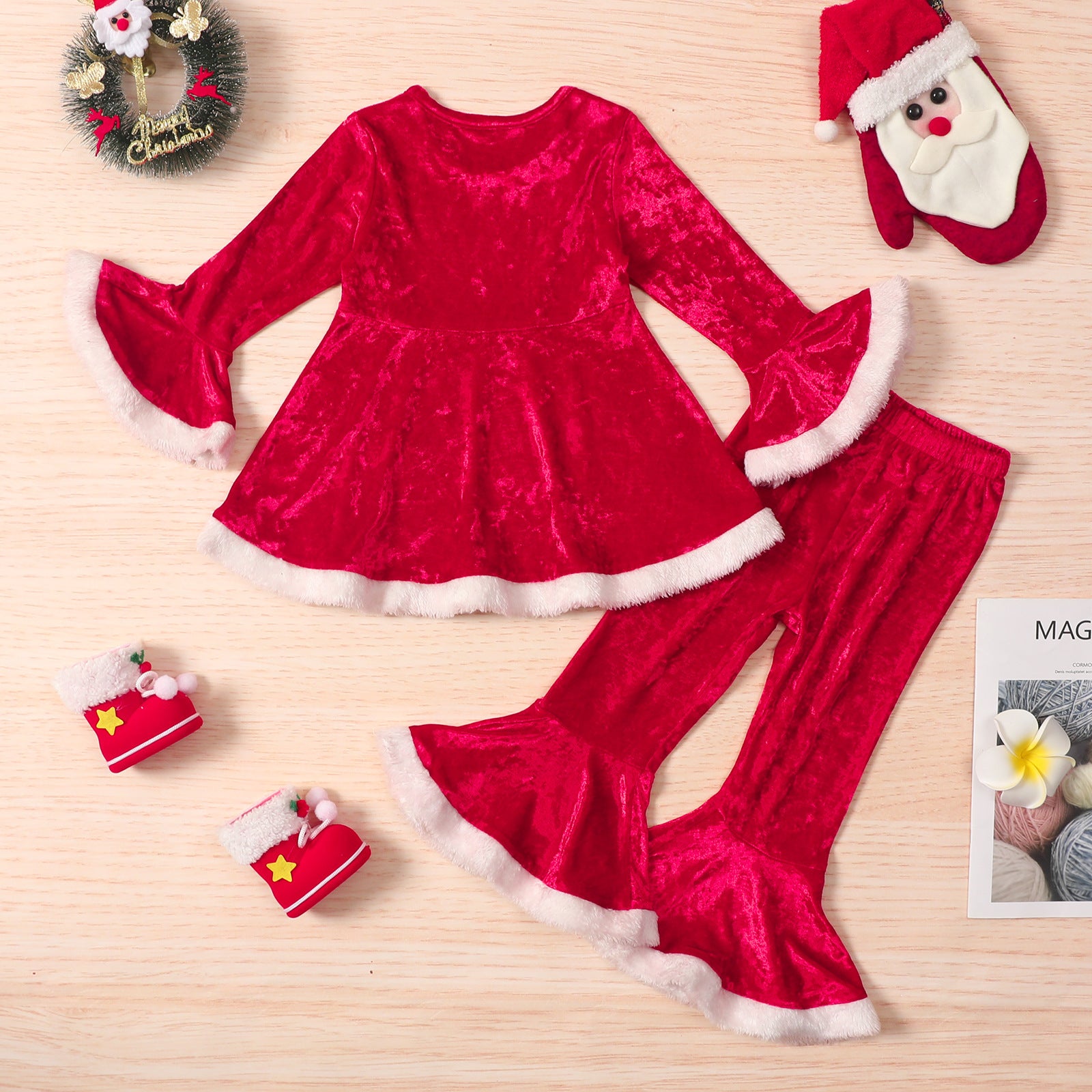 Ensemble deux pièces pour fille, pantalon évasé à bords bruts, couleur unie, automne-hiver, Noël