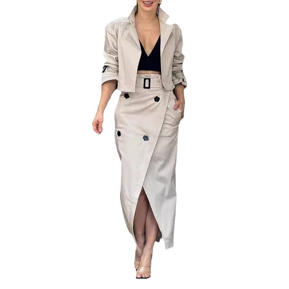 Women's Suit Lapel Patchwork Coat Skirt Two-piece Set Including Belt