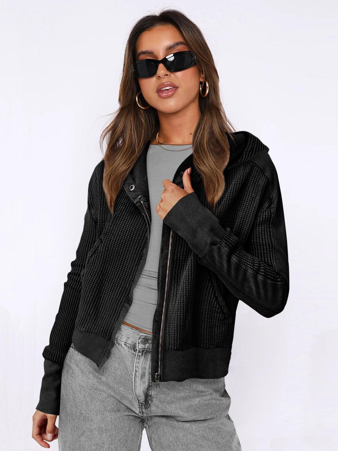 Sweat-shirt à capuche tendance pour femme, veste courte à fermeture éclair