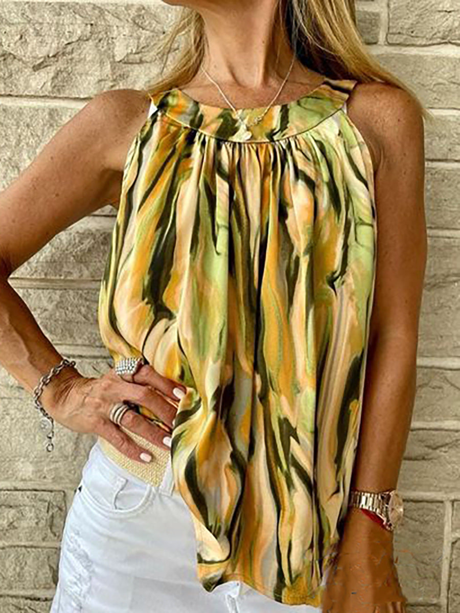 One Button Elegance Sleeveless Round Neck Printed Top