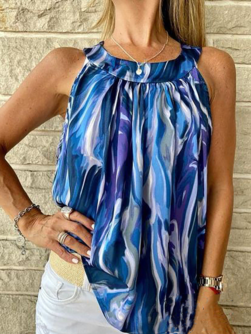 One Button Elegance Sleeveless Round Neck Printed Top