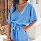 Women's V-neck Short Sleeve Waist Tie Loose Jumpsuit