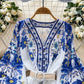 V-neck Lantern Sleeve Pleated A- Line Short Skirt